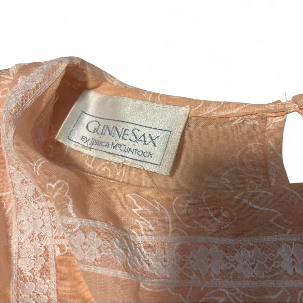 Vintage Gunne Sax Dress XS 3 Peach Sheer Lace Drop Waist Floral Cottagecore - Picture 8 of 8